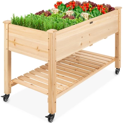 Best Choice Products Raised Garden Bed 48x23x32in Wood Mobile Elevated Planter W/ Wheel Locks, Shelf, Liner - Image 7