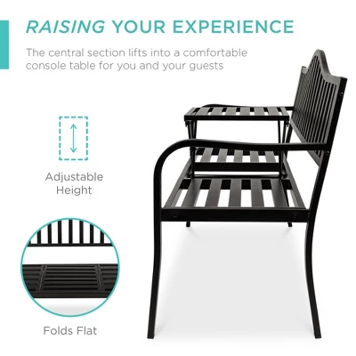 Best Choice Products Outdoor Garden Steel Patio Porch Bench With Pullout Middle Table W/ Weather-Resistant Frame - Black - Image 4