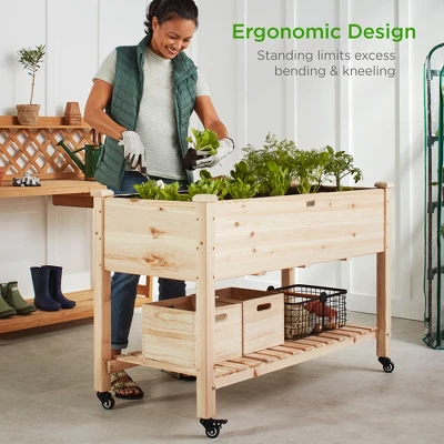 Best Choice Products Raised Garden Bed 48x23x32in Wood Mobile Elevated Planter W/ Wheel Locks, Shelf, Liner - Image 6
