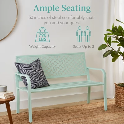 Best Choice Products Indoor Outdoor Steel Garden Bench W/ Geometric Backrest, Foot Levelers - Image 2