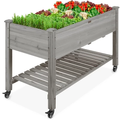 Best Choice Products Raised Garden Bed 48x23x32in Wood Mobile Elevated Planter W/ Wheel Locks, Shelf, Liner - Image 8
