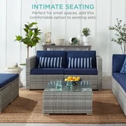Best Choice Products 2-Person Outdoor Patio Loveseat Wicker Sofa Couch Furniture Set W/ 2 Accent Pillows - Gray/Navy