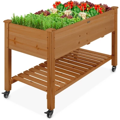 Best Choice Products Raised Garden Bed 48x23x32in Wood Mobile Elevated Planter W/ Wheel Locks, Shelf, Liner - Image 9