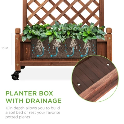 Best Choice Products 60in Mobile Wood Planter Box & Diamond Lattice Trellis, W/ Drainage Holes, Optional Wheels - Walnut - Image 2