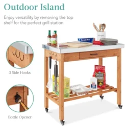 Best Choice Products Mobile Outdoor Table And Storage Cabinet W/ Hooks, 4 Wheels, Stainless Steel Top - Stained Brown