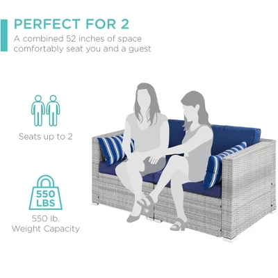 Best Choice Products 2-Person Outdoor Patio Loveseat Wicker Sofa Couch Furniture Set W/ 2 Accent Pillows - Gray/Navy - Image 4