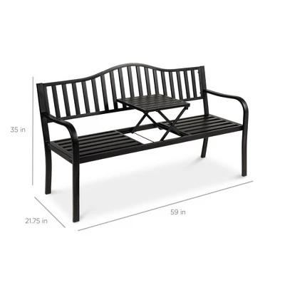 Best Choice Products Outdoor Garden Steel Patio Porch Bench With Pullout Middle Table W/ Weather-Resistant Frame - Black - Image 6