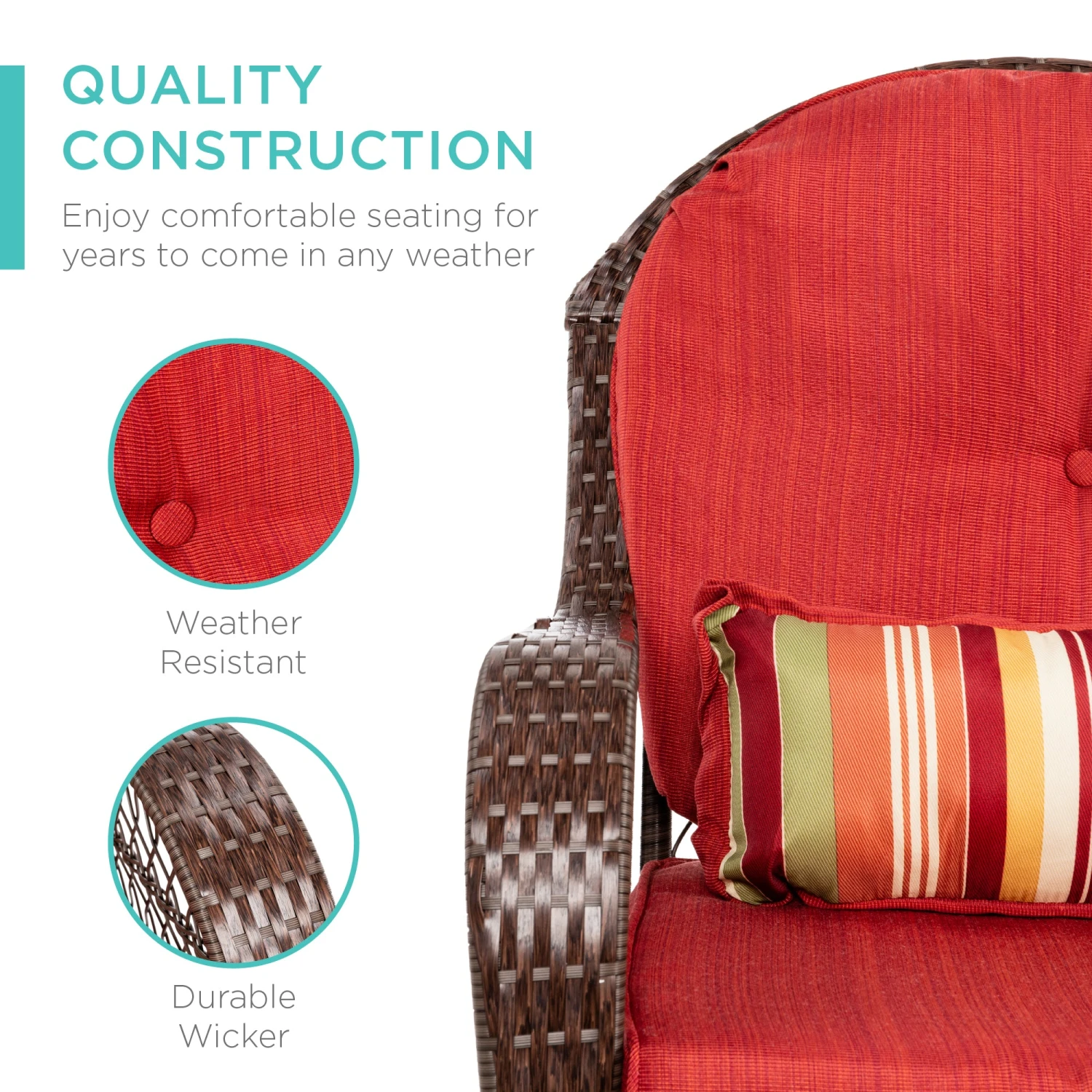 Best Choice Products Wicker Rocking Chair W/ Steel Frame, Decorative Pillow, Cushions - Image 3