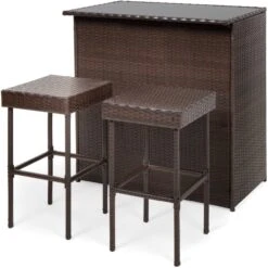 Best Choice Products 3-Piece Outdoor All-Weather Wicker Bar Table Set W/ 2 Stools