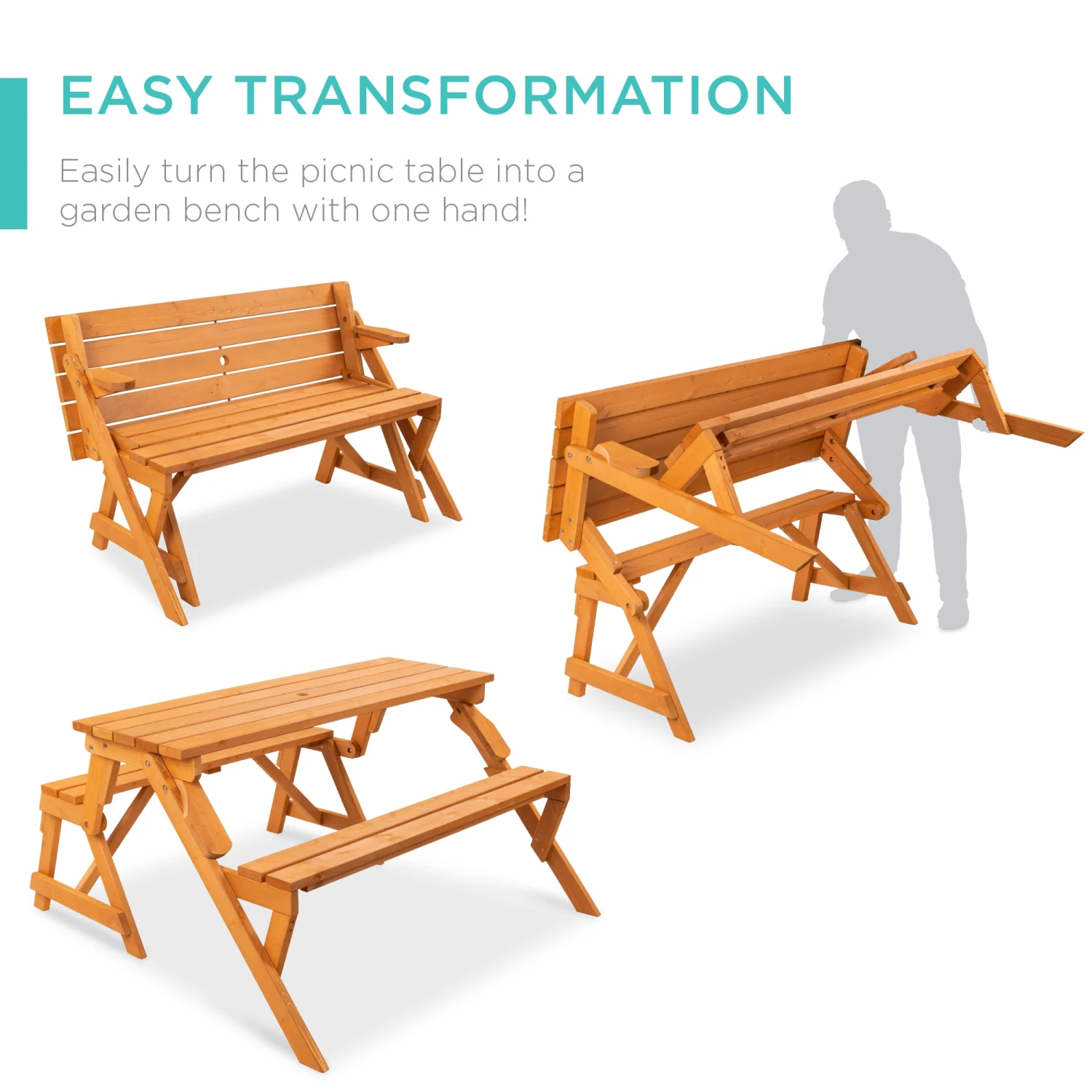 Best Choice Products 2-in-1 Outdoor Interchangeable Wooden Picnic Table/Garden Bench - Image 2