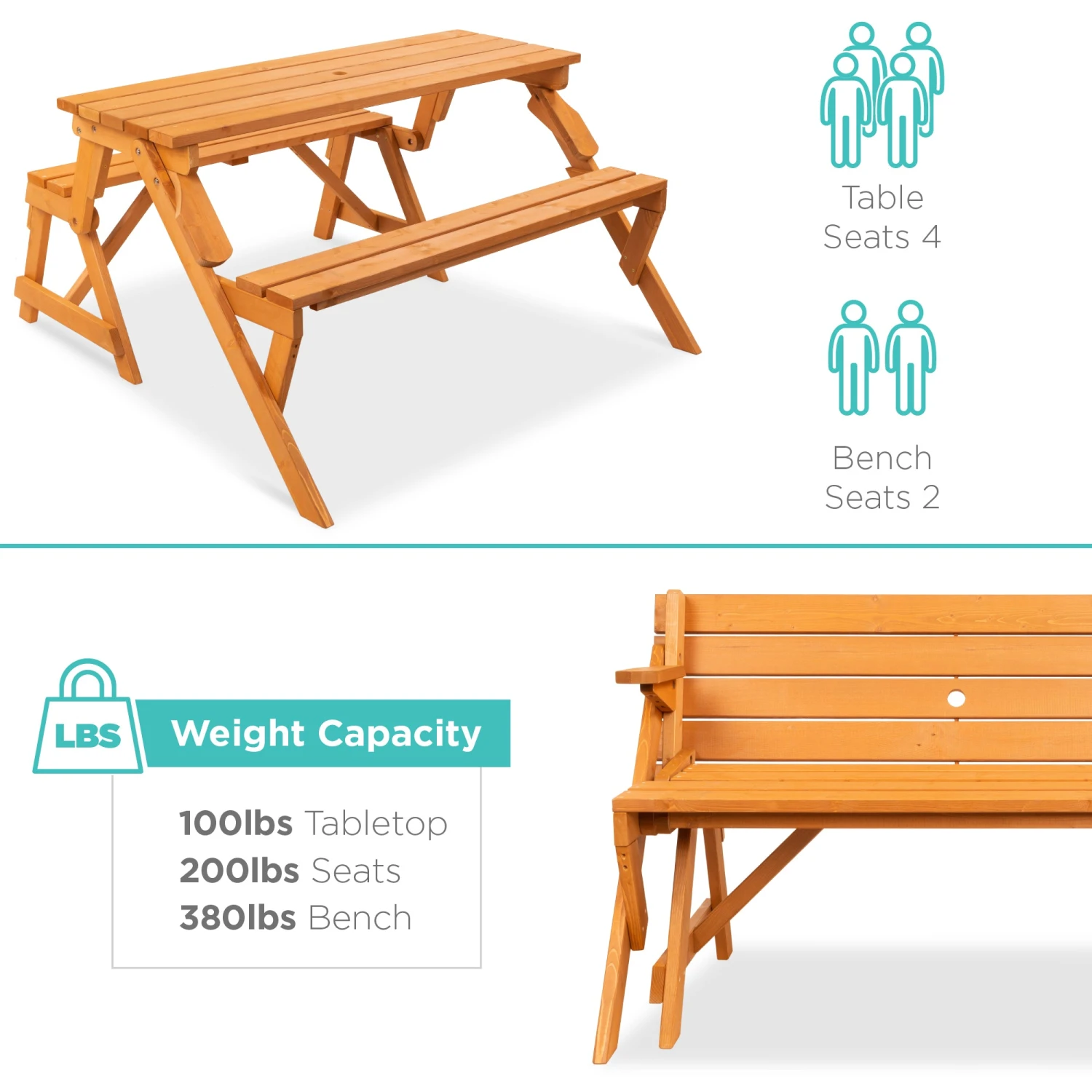 Best Choice Products 2-in-1 Outdoor Interchangeable Wooden Picnic Table/Garden Bench - Image 6