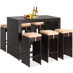 Best Choice Products 7-Piece Wicker Bar Patio Dining Set W/ Glass Table Top, 6 Stools