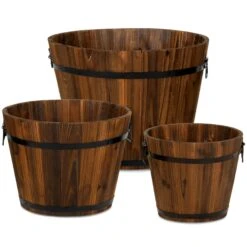 Best Choice Products Set Of 3 Rustic Wood Bucket Barrel Garden Planters Set W/ Drainage Holes