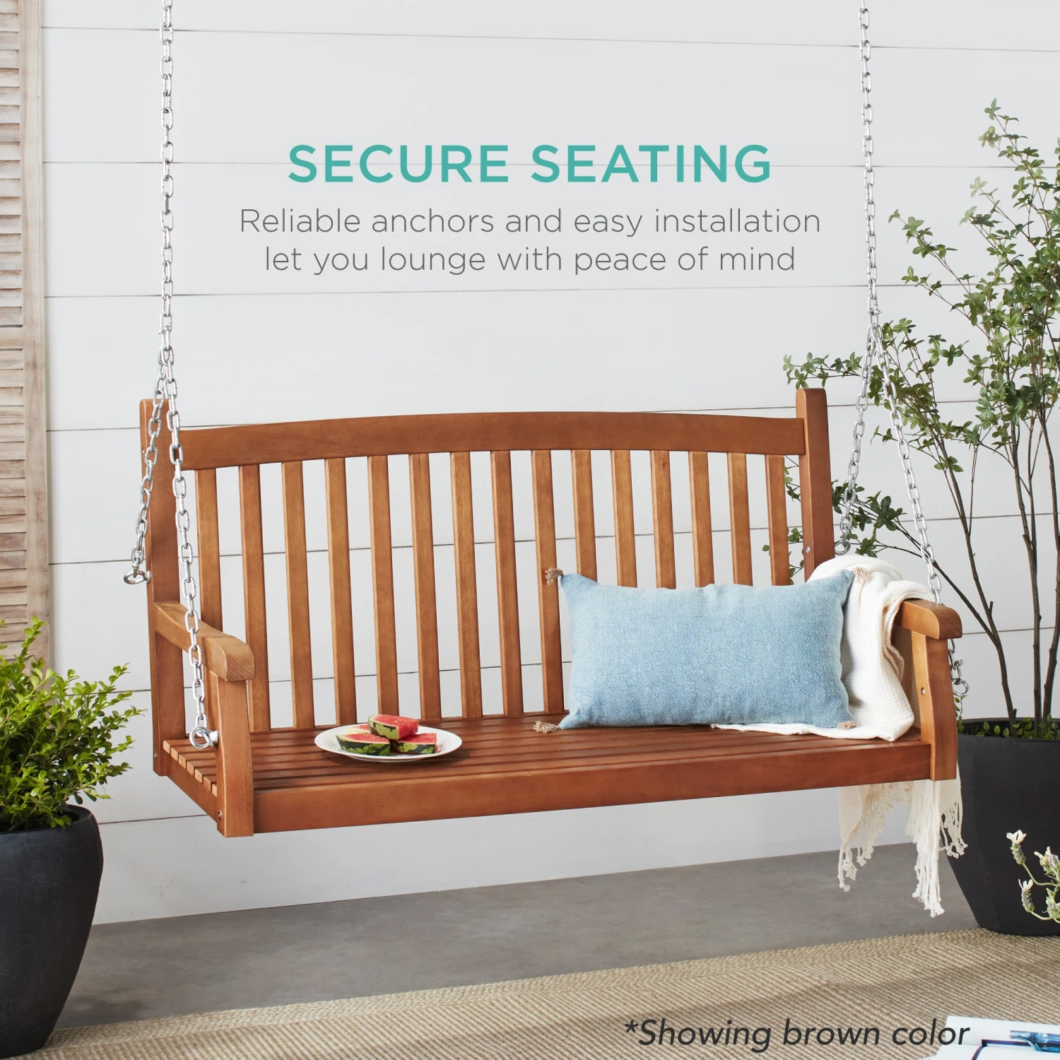 Best Choice Products Wooden Curved Back Hanging Porch Swing Bench W/ Mounting Chains - 48in - Image 3