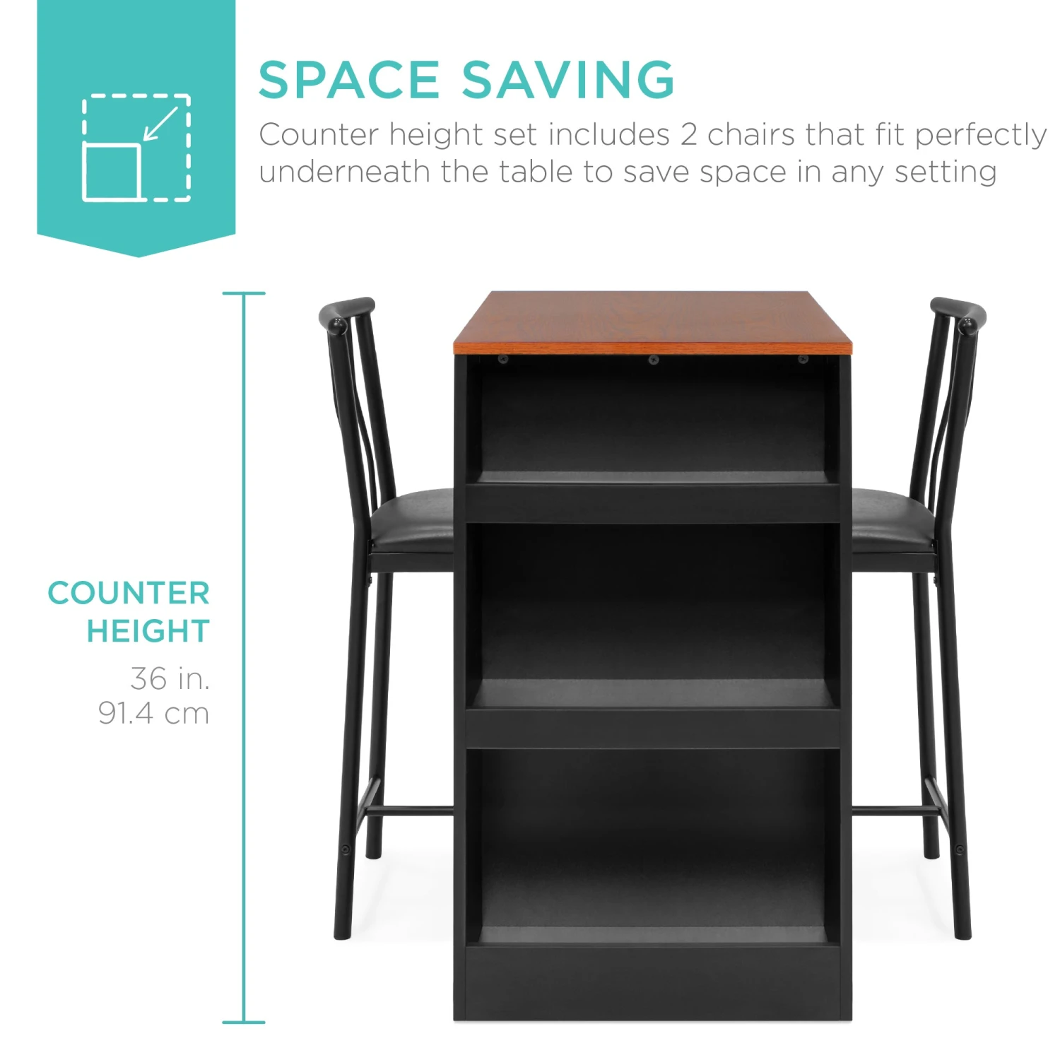 Best Choice Products 3-Piece Counter Height Kitchen Dining Table Set W/ Storage Shelves - Image 3