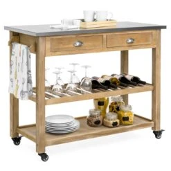 Best Choice Products Kitchen Island Storage & Bar Cart W/ Stainless Steel Top - Rustic Wood