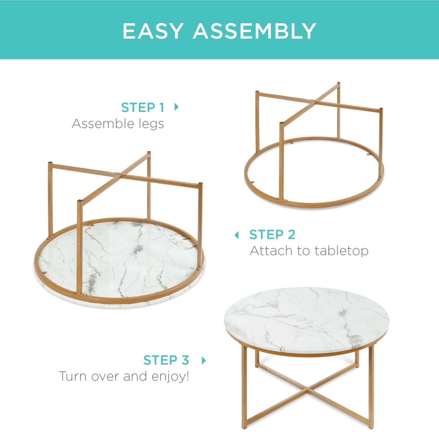 Best Choice Products Round Coffee Table W/ Faux Marble Top, Metal Frame - 36in - Image 20