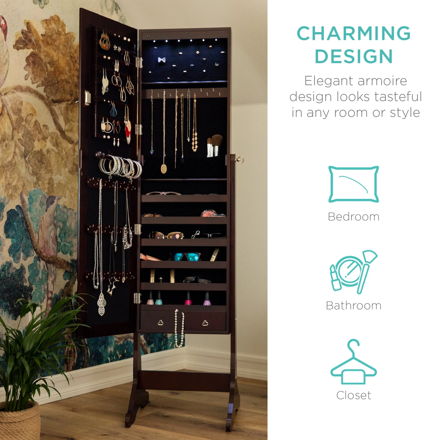 Best Choice Products 6-Tier Standing Jewelry Mirror Armoire W/ LED Lights - Image 5