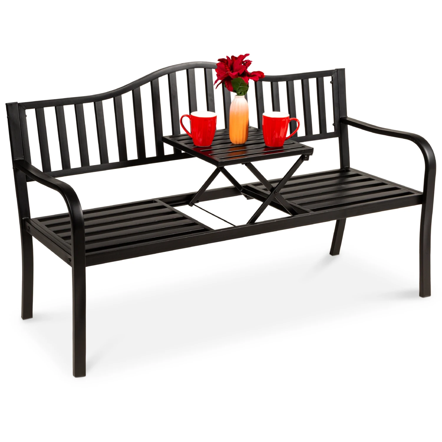 Best Choice Products Steel Bench For Outdoor Patio And Garden W/ Pullout Middle Table