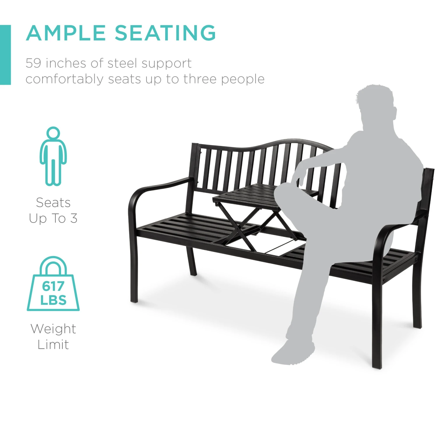 Best Choice Products Steel Bench For Outdoor Patio And Garden W/ Pullout Middle Table - Image 4