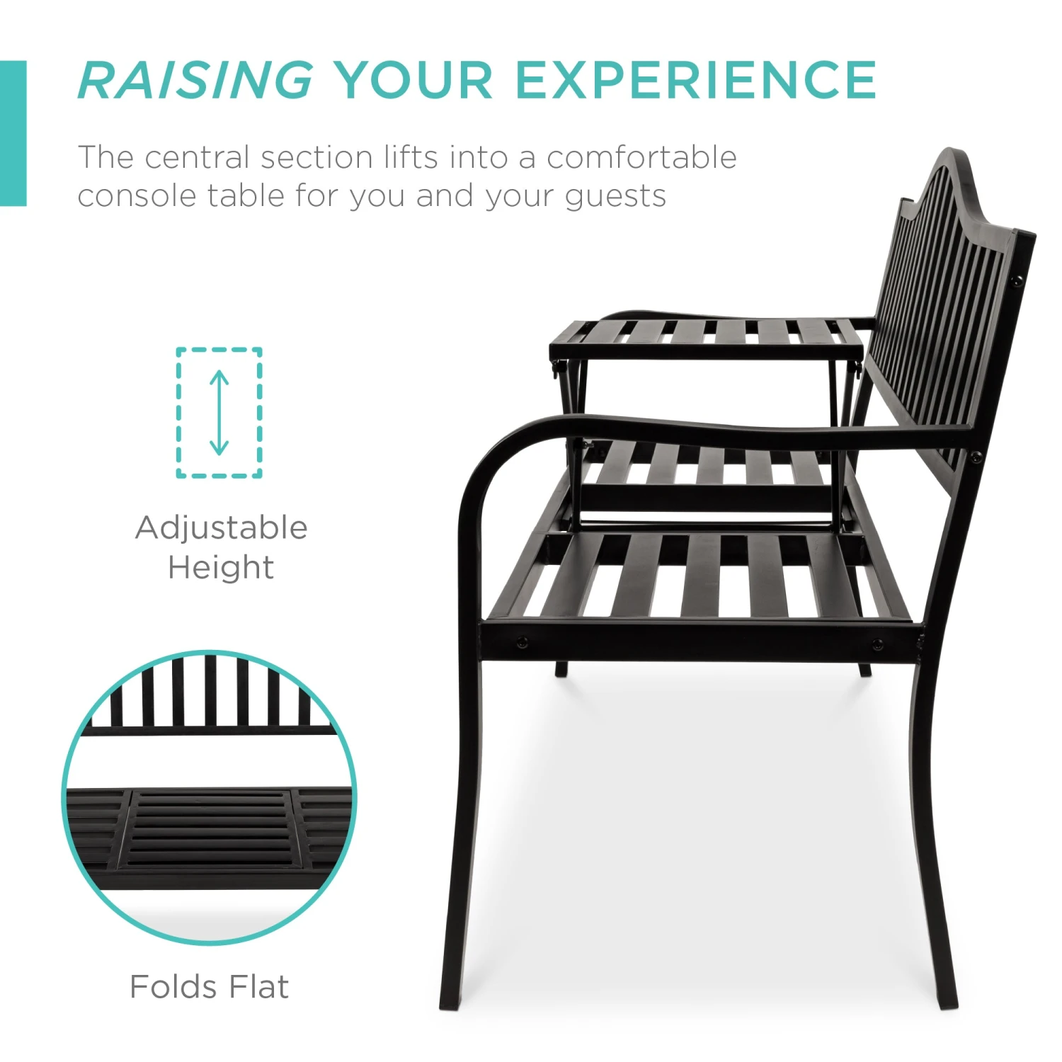 Best Choice Products Steel Bench For Outdoor Patio And Garden W/ Pullout Middle Table - Image 5