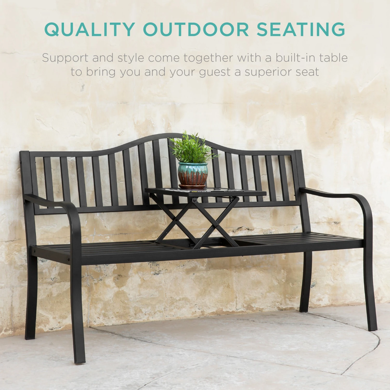 Best Choice Products Steel Bench For Outdoor Patio And Garden W/ Pullout Middle Table - Image 6