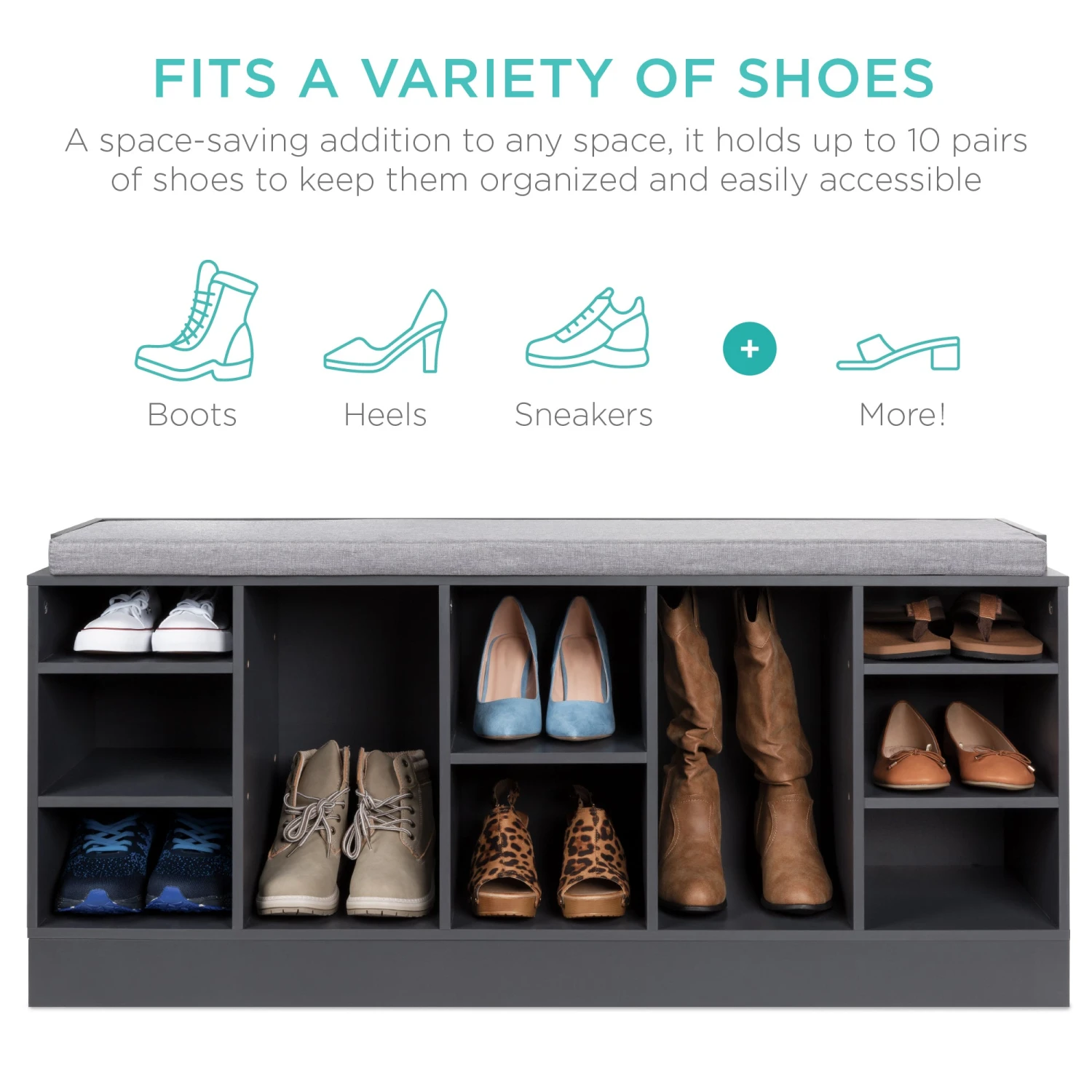 Best Choice Products Shoe Storage Rack Bench W/ Padded Seat, 10 Cubbies - 46in - Image 2