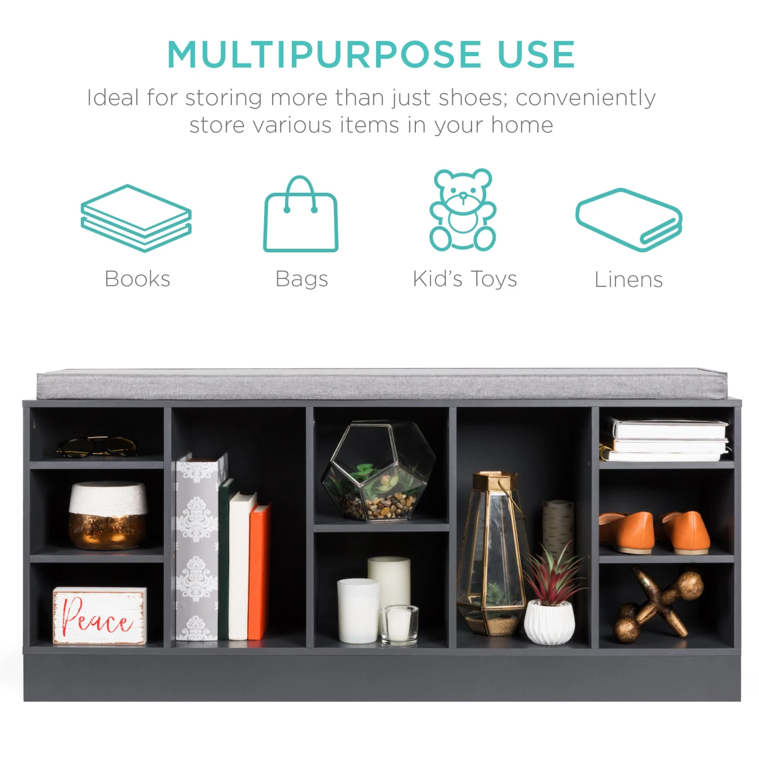 Best Choice Products Shoe Storage Rack Bench W/ Padded Seat, 10 Cubbies - 46in - Image 3