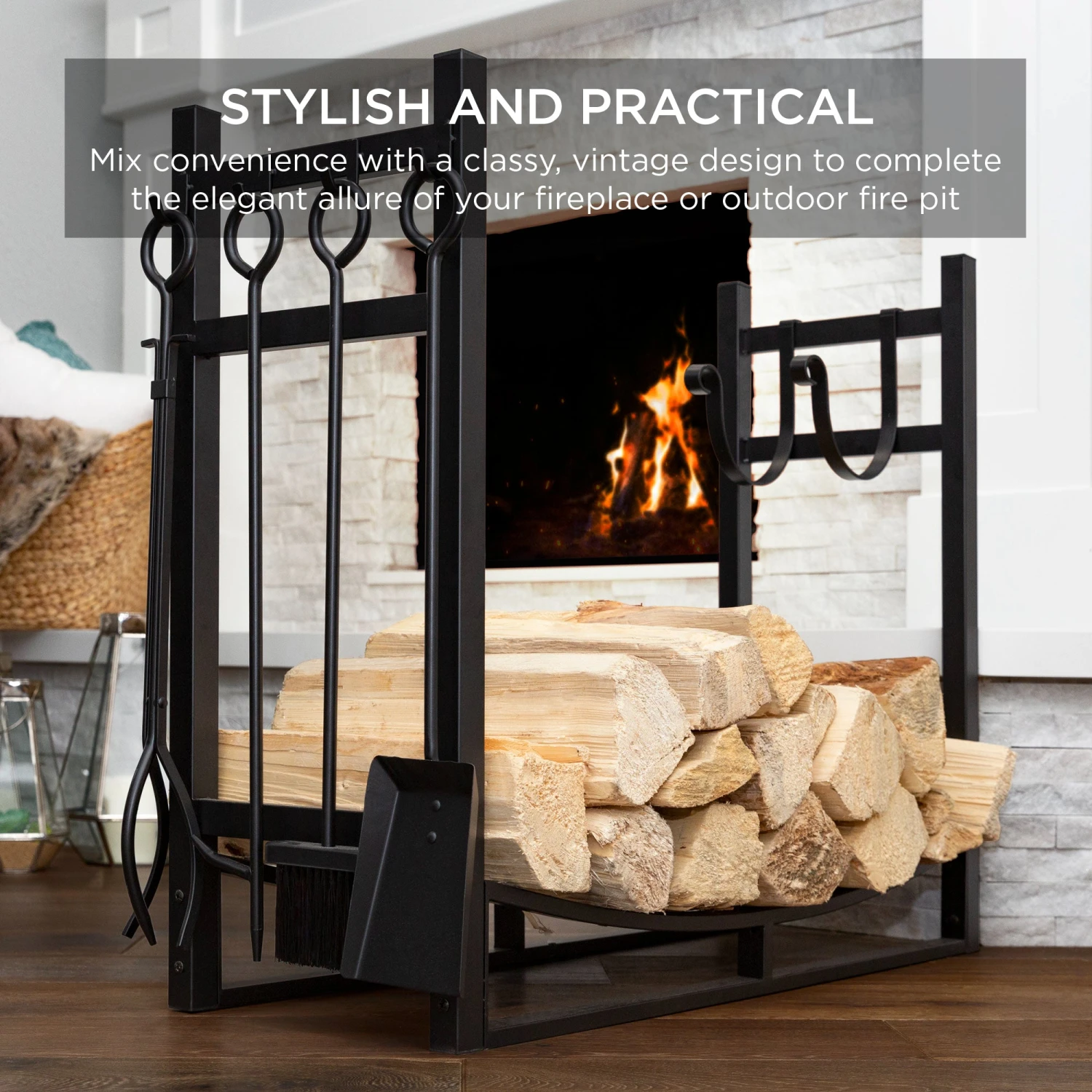 Best Choice Products Steel Firewood Log Storage Rack & Tool Set W/ Kindling Holder - 34.25in - Image 6