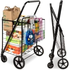 Best Choice Products Folding Steel Grocery Cart W/ Double Basket, Swivel Wheels, 220lb Cap