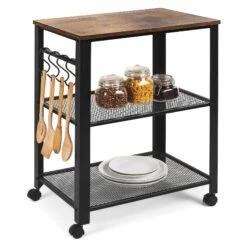 Best Choice Products 3-Tier Microwave Cart Rolling Utility Serving Cart W/ 2 Shelves, 4 Hooks