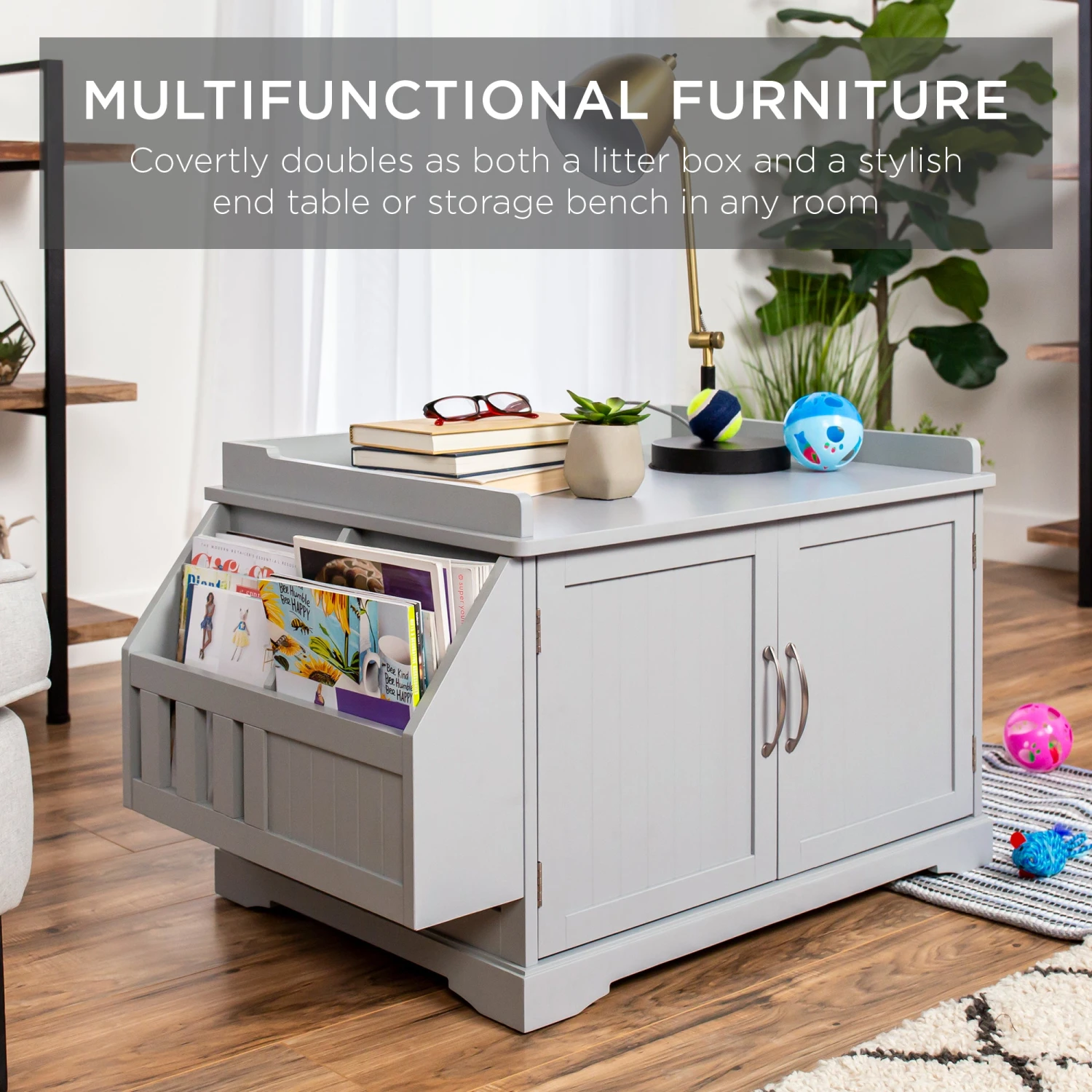 Best Choice Products Large Wooden Cat Litter Box Enclosure & Storage Cabinet W/ Magazine Rack - Image 2