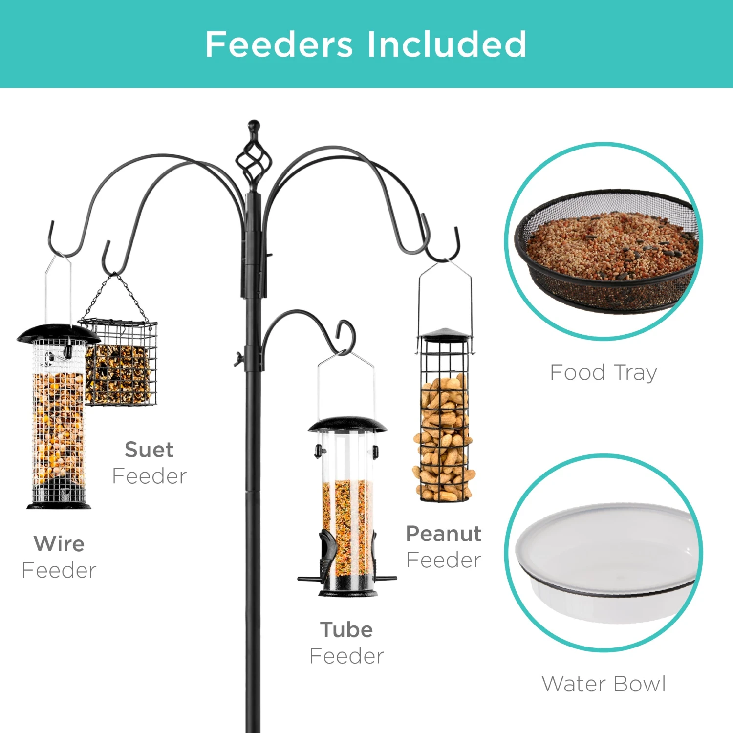 Best Choice Products Bird Feeding Station, 6-Hook Steel Multi-Feeder Stand W/ 4 Feeders - 89in - Image 2