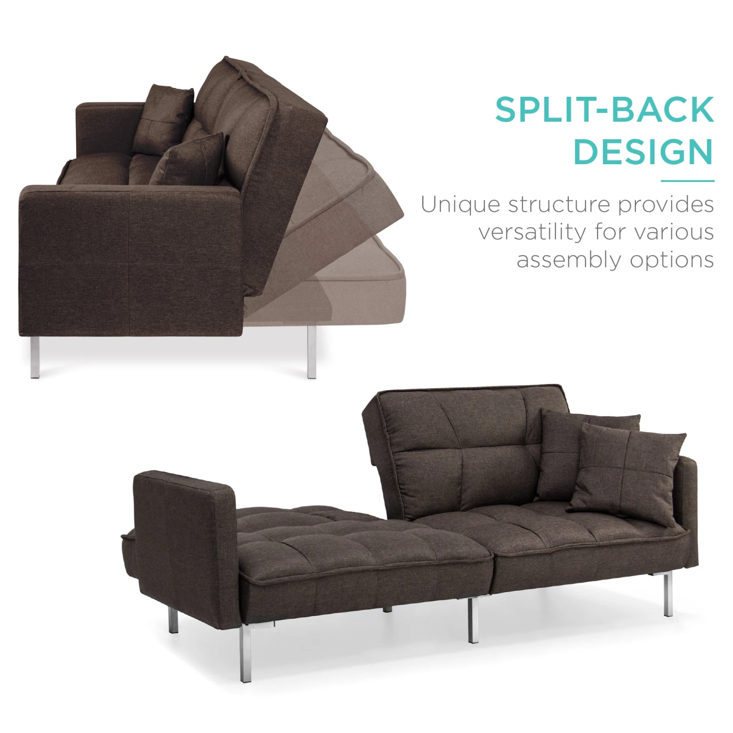 Best Choice Products Convertible Linen Tufted Futon W/ 2 Plush Pillows, Split-Back Design - Image 2