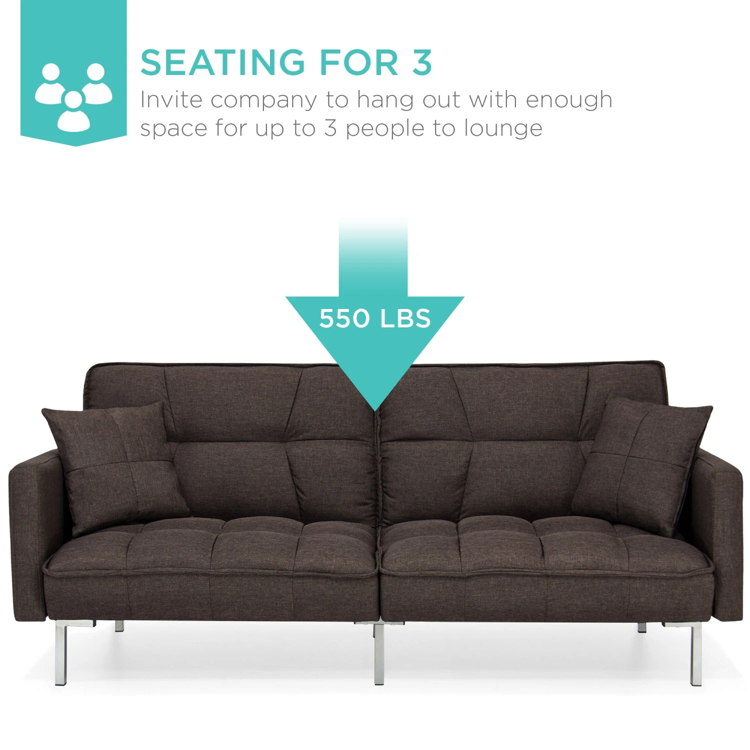 Best Choice Products Convertible Linen Tufted Futon W/ 2 Plush Pillows, Split-Back Design - Image 3