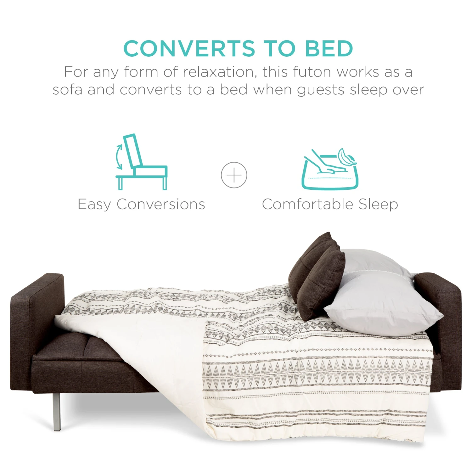 Best Choice Products Convertible Linen Tufted Futon W/ 2 Plush Pillows, Split-Back Design - Image 4