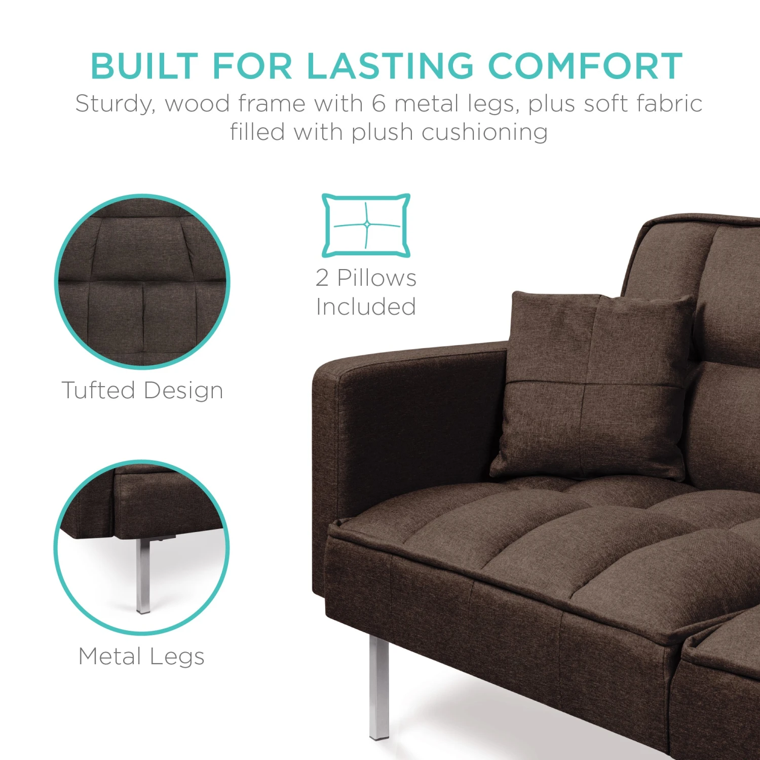 Best Choice Products Convertible Linen Tufted Futon W/ 2 Plush Pillows, Split-Back Design - Image 5