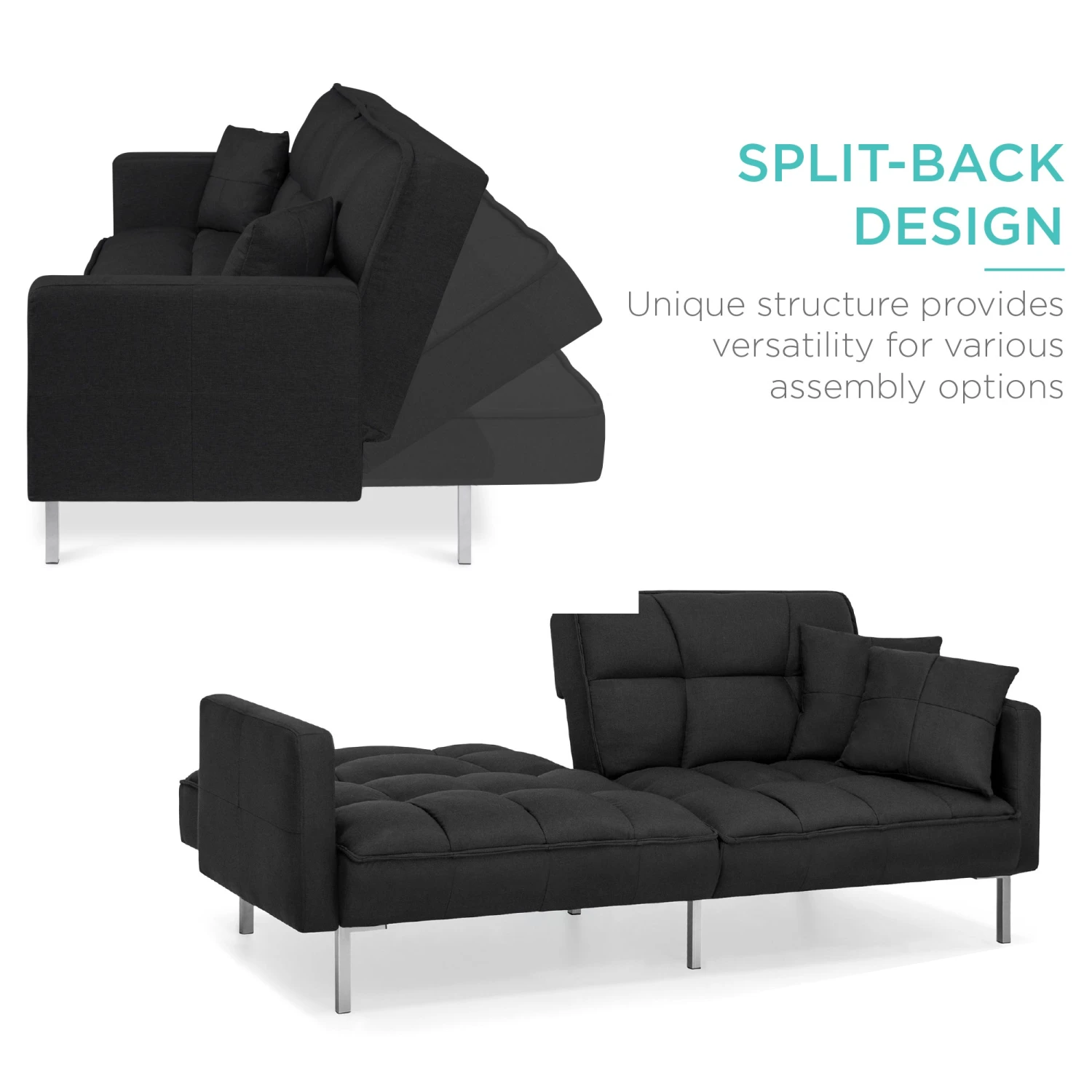 Best Choice Products Convertible Linen Tufted Futon W/ 2 Plush Pillows, Split-Back Design - Image 9