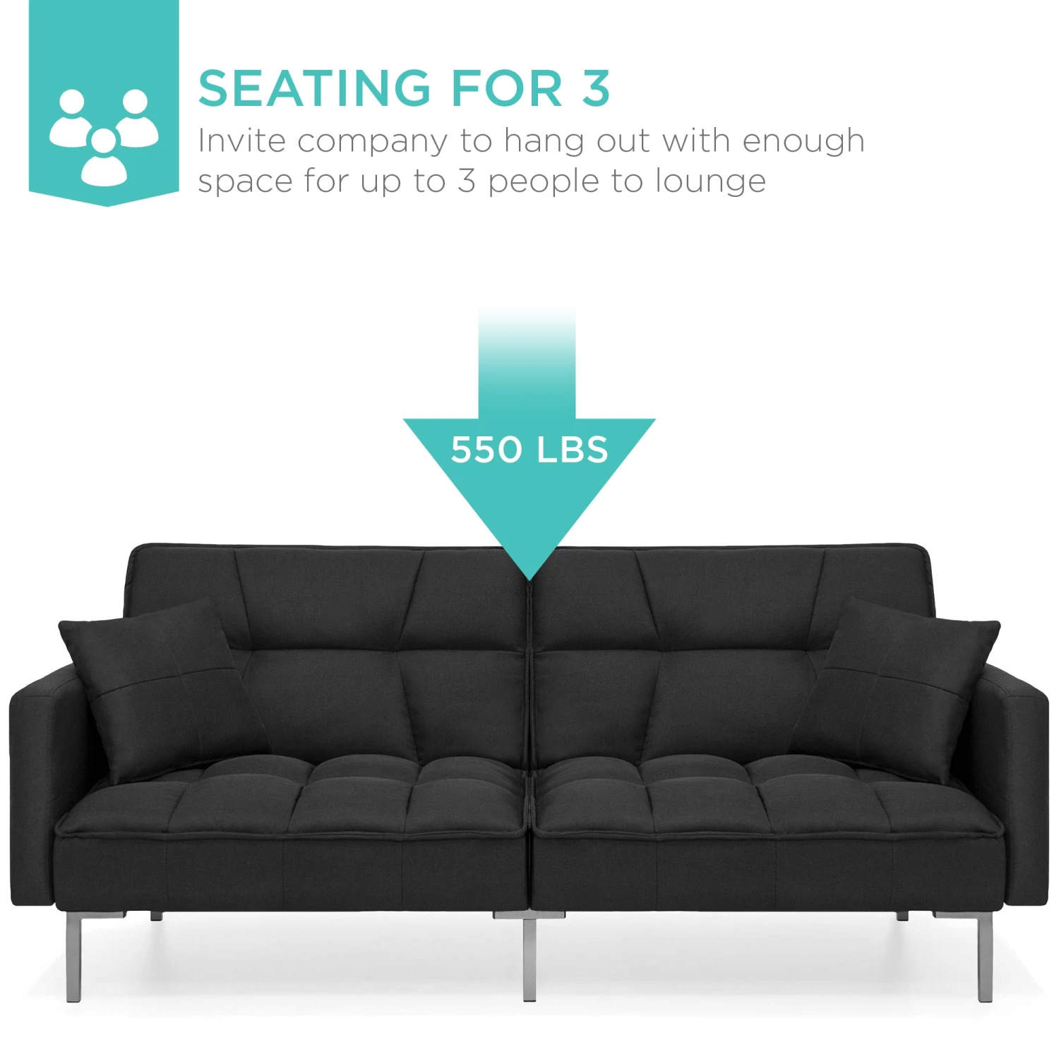 Best Choice Products Convertible Linen Tufted Futon W/ 2 Plush Pillows, Split-Back Design - Image 10