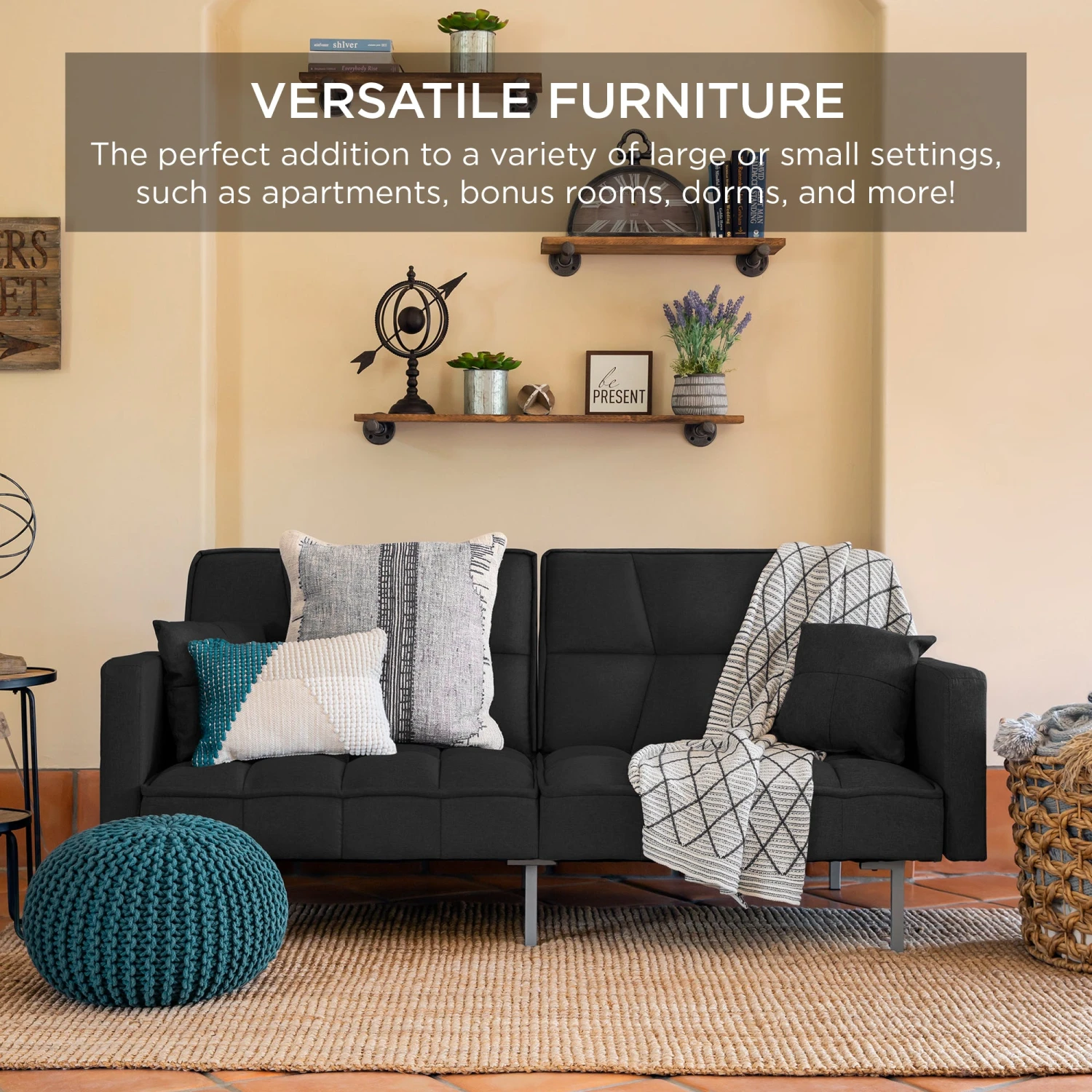 Best Choice Products Convertible Linen Tufted Futon W/ 2 Plush Pillows, Split-Back Design - Image 13