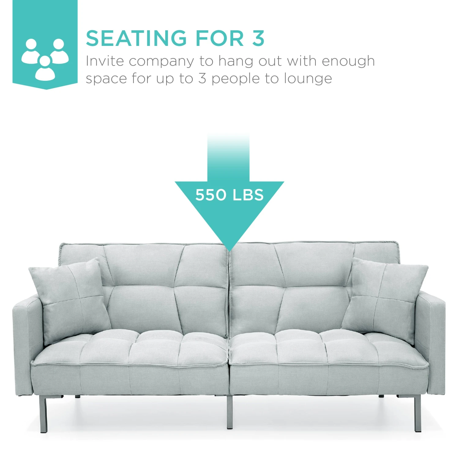 Best Choice Products Convertible Linen Tufted Futon W/ 2 Plush Pillows, Split-Back Design - Image 17