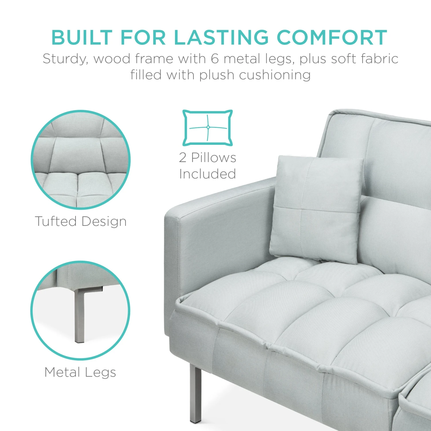 Best Choice Products Convertible Linen Tufted Futon W/ 2 Plush Pillows, Split-Back Design - Image 19