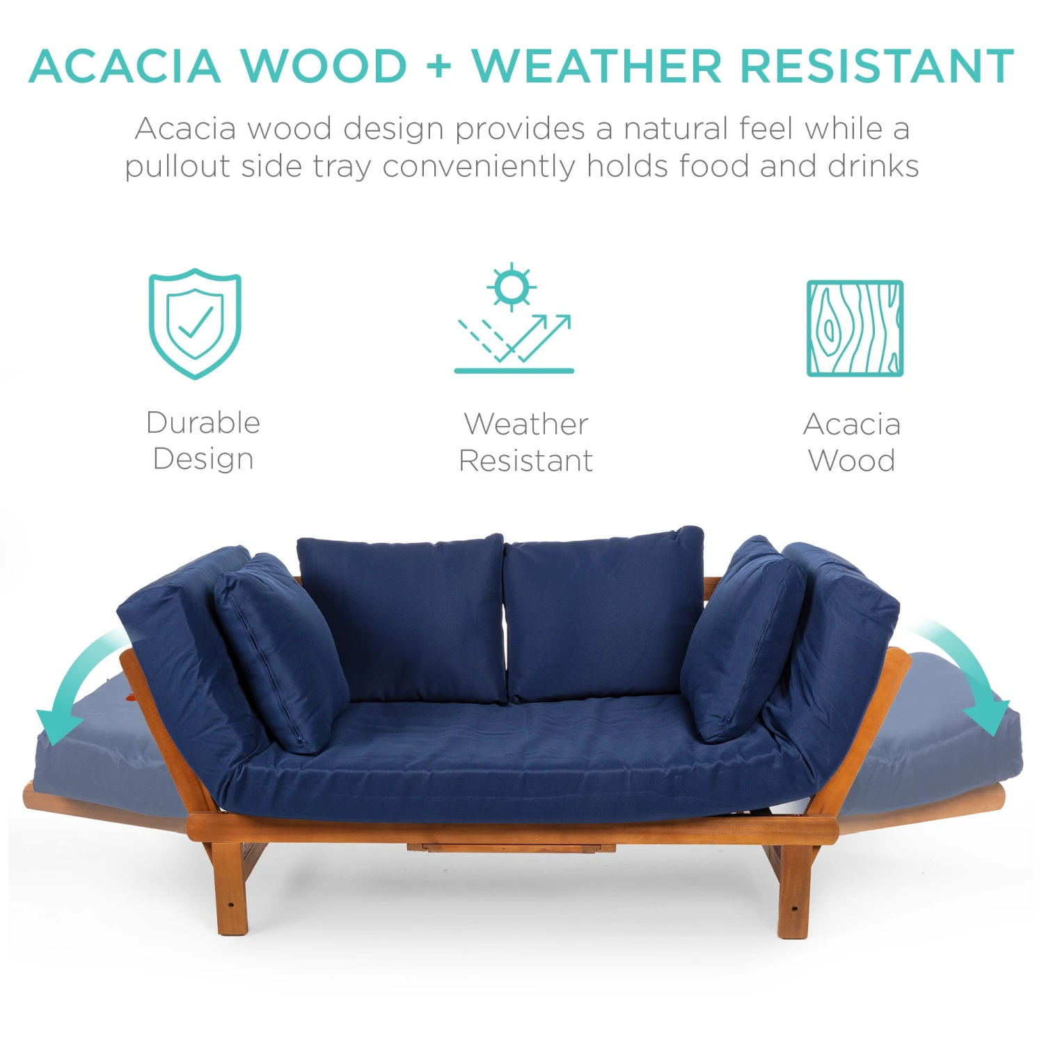 Best Choice Products Outdoor Convertible Acacia Wood Futon Sofa W/ 4 Pillows, Removable Cushion - Image 3