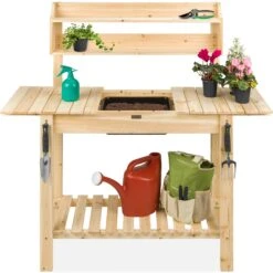 Best Choice Products Wood Garden Potting Bench W/ Sliding Tabletop, Food Grade Dry Sink