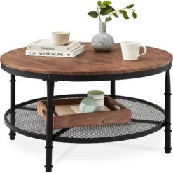 Best Choice Products 2-Tier Round Industrial Wood & Steel Coffee Table, Storage Shelves - 35.5in