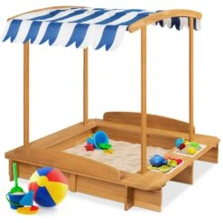 Best Choice Products Kids Wooden Cabana Sandbox W/ Benches, Canopy Shade, Sand Cover, 2 Buckets