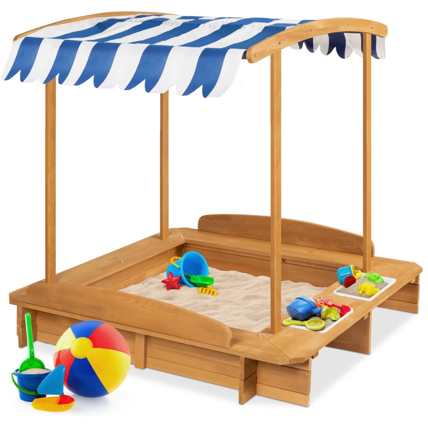 Best Choice Products Kids Wooden Cabana Sandbox W/ Benches, Canopy Shade, Sand Cover, 2 Buckets