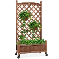 Best Choice Products Wood Planter Box & Lattice Trellis W/ Drainage, Optional Wheels - 60in