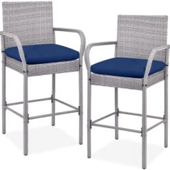 Best Choice Products Set Of 2 Indoor Outdoor Wicker Bar Stools W/ Cushion, Footrests, Armrests