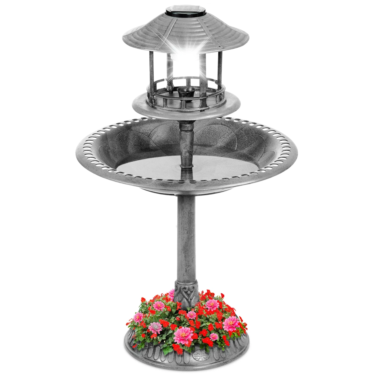 Best Choice Products Solar Lighted Outdoor Pedestal Bird Bath W/ Planter, Decorative Bird Cage